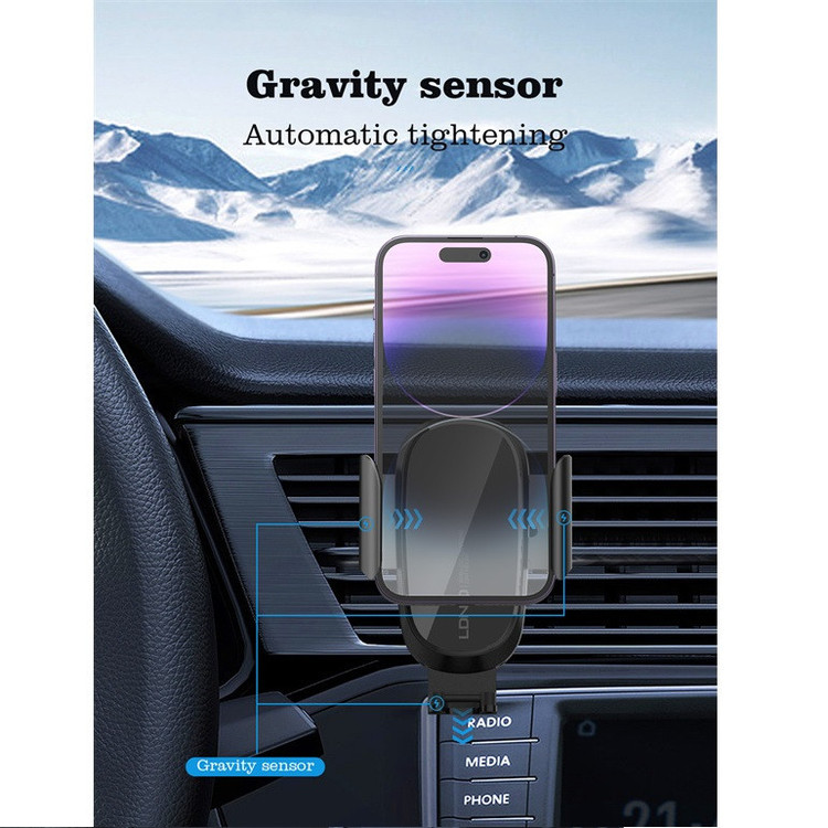 تصویر پایه نگهدارنده و شارژر بی سیم گوشی موبایل 15 وات الدینیو مدل MW21-1 داخل ماشین