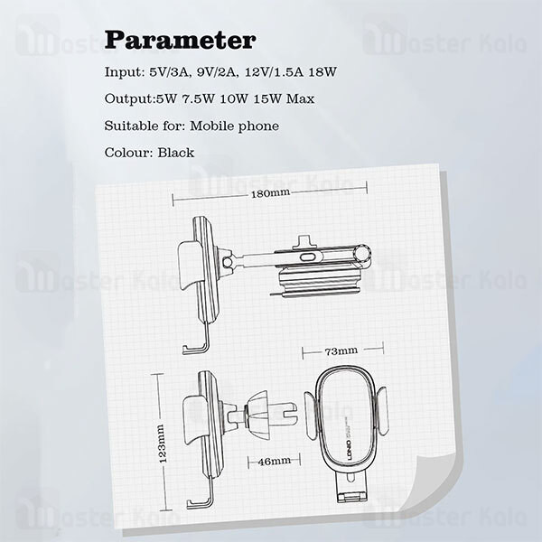 تصویر دستورالعمل پایه نگهدارنده و شارژر بی سیم گوشی موبایل 15 وات الدینیو مدل MW21-1 از همه زاویه ها