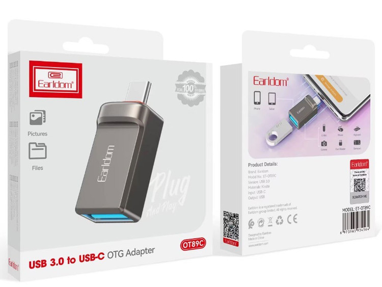 پک و بسته بندی او تی جی ارلدام تایپ سی 89 سی سفید با لوگوی قرمز و نحوه اتصال به دستگاه