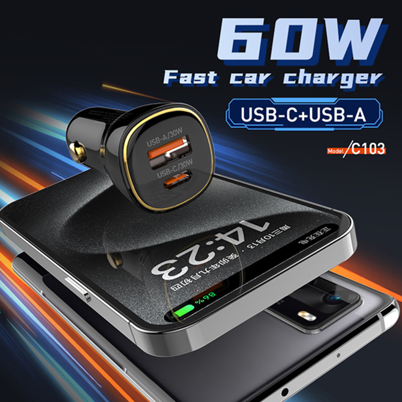 شارژر فندکی 60 وات الدینیو مدل C103 به همراه کابل USB-C مشکی رنگ تهران 1020