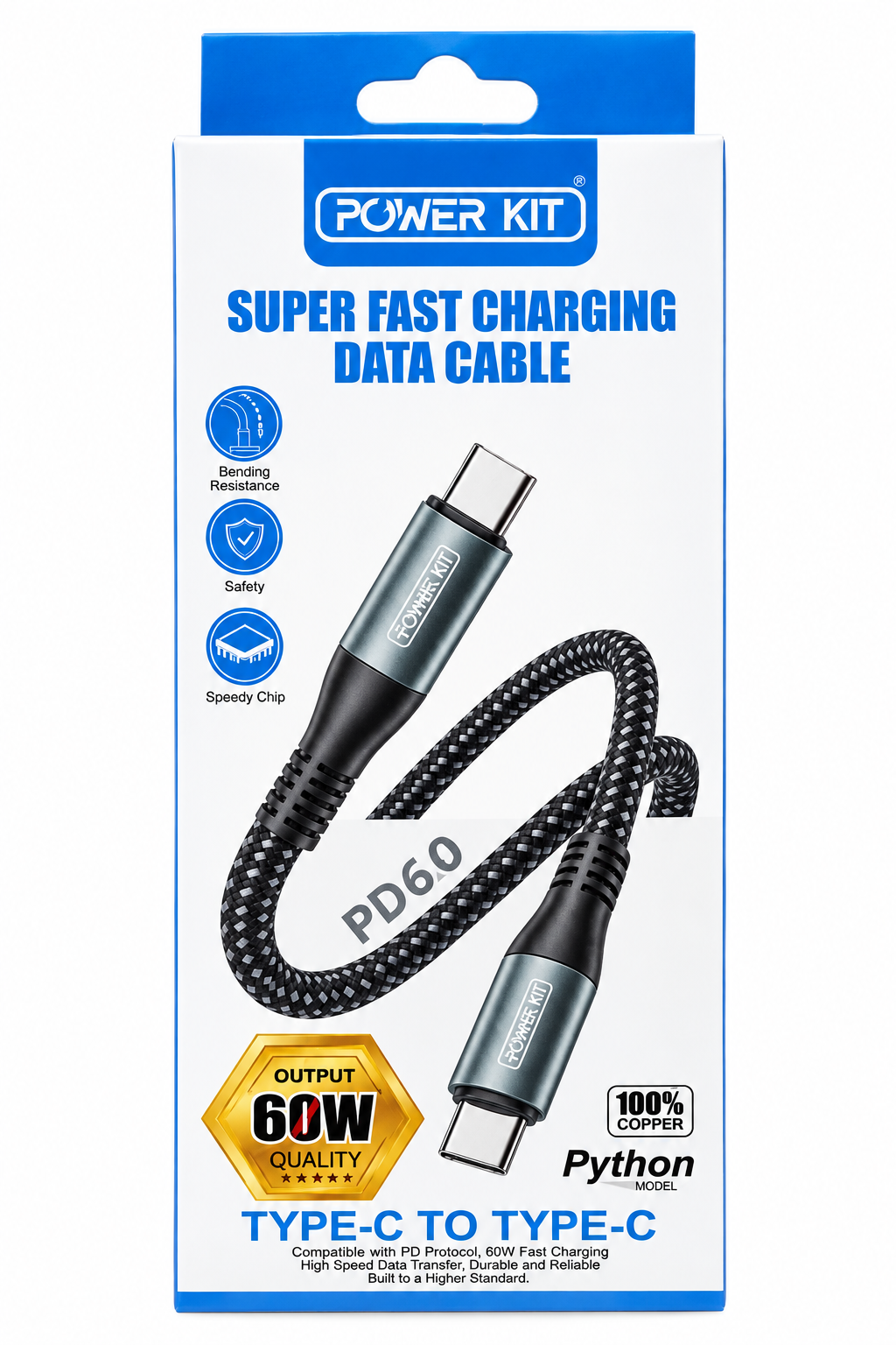 تصویری از بسته‌بندی کابل شارژ و انتقال داده Power Kit Type-C to Type-C با طراحی عمودی و ترکیب رنگ سفید و آبی است. روی بسته‌بندی، کابل با روکش بافته‌شده مشکی و کانکتورهای فلزی Type-C نمایش داده شده و مشخصاتی مانند شارژ سریع ۶۰ وات، انتقال داده با سرعت بالا،