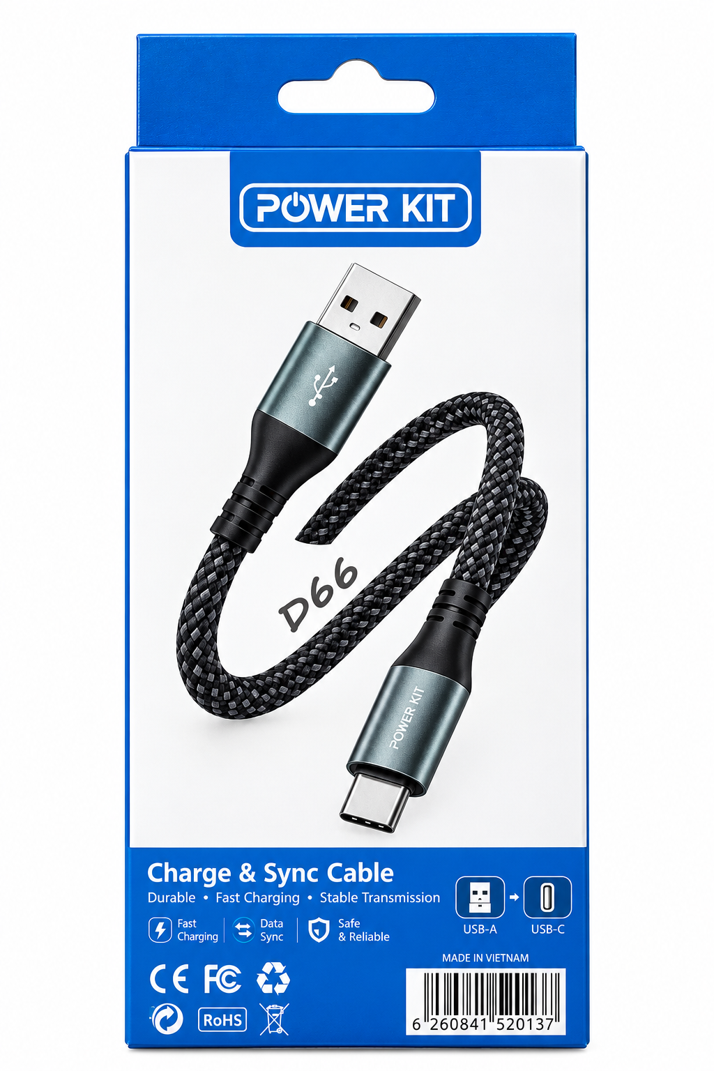 تصویری از بسته‌بندی کابل شارژ و انتقال داده Power Kit USB to Type-C با طراحی عمودی و ترکیب رنگ سفید و آبی است. روی بسته‌بندی، کابل با روکش بافته‌شده مشکی و کانکتورهای فلزی Type-C , USB نمایش داده شده همراه مشخصاتی مانند شارژ سریع ۶۰ وات،بارکد و نماد های بس