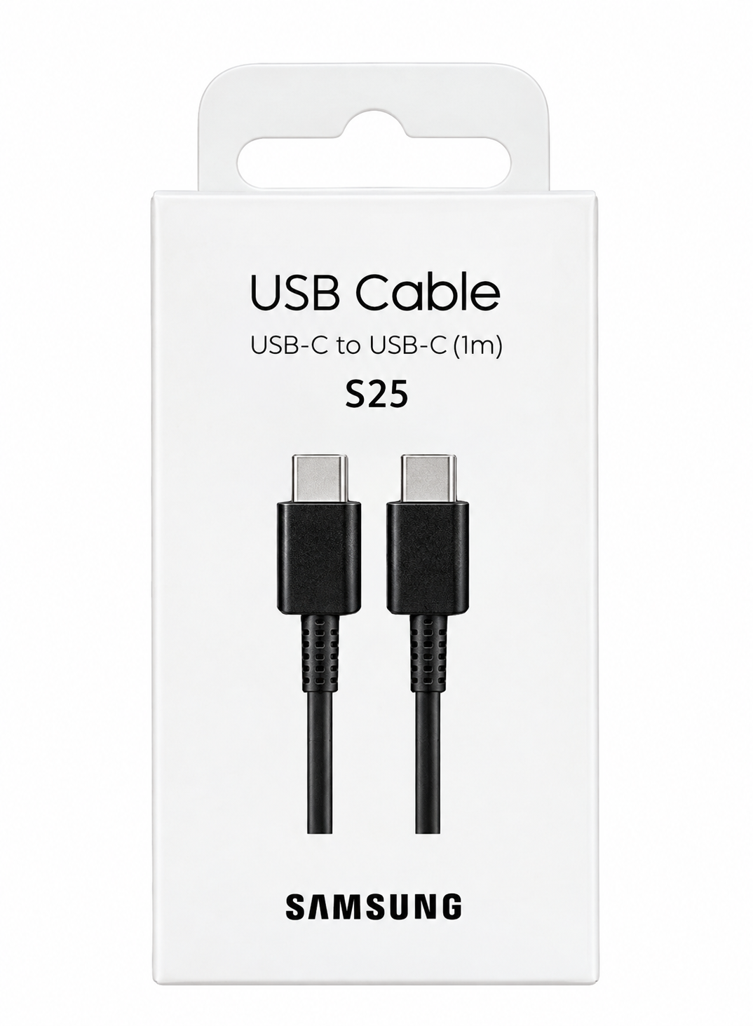 جعبه سفید کابل Samsung USB Cable مدل S25 با طراحی ساده و مینیمال روی پس‌زمینه سفید قرار گرفته است. روی بسته‌بندی عبارت USB Cable و مشخصات USB-C to USB-C (1m) و مدل S25 دیده می‌شود. تصویر روی جعبه، کابل دو سر تایپ C با کانکتورهای فلزی و بدنه مشکی را نمایش م