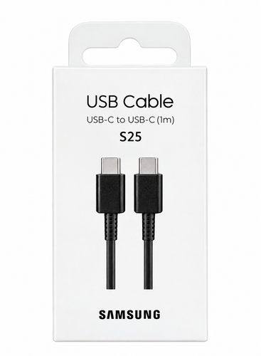 جعبه سفید کابل Samsung USB Cable مدل S25 با طراحی ساده و مینیمال روی پسزمینه سفید قرار گرفته است. روی بستهبندی عبارت USB Cable و مشخصات USB-C to USB-C (1m) و مدل S25 دیده میشود. تصویر روی جعبه، کابل دو سر تایپ C با کانکتورهای فلزی و بدنه مشکی را نمایش م