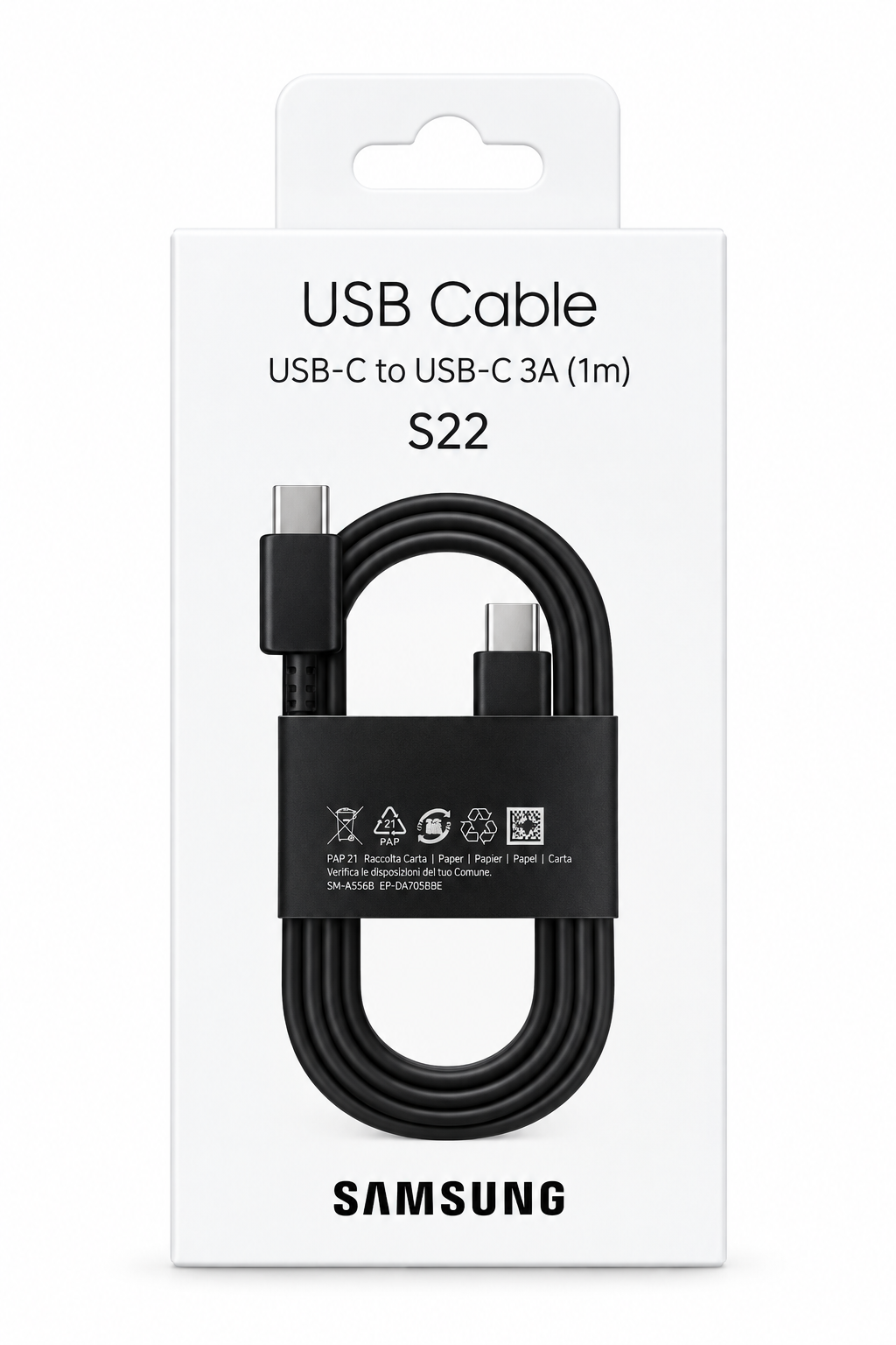 کابل مشکی  USB-C به USB-C برند Samsung مدل S22 با طول ۱ متر و جریان 3 آمپر، با بسته بندی سفید رنگ مناسب شارژ سریع و انتقال اطلاعات است. بسته بندی شامل نام برند پایین صفحه ، کابل و نماد ها در وسط تصویر و مشخصات بالای تصویر