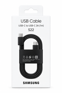 کابل مشکی USB-C به USB-C برند Samsung مدل S22 با طول ۱ متر و جریان 3 آمپر، با بسته بندی سفید رنگ مناسب شارژ سریع و انتقال اطلاعات است. بسته بندی شامل نام برند پایین صفحه ، کابل و نماد ها در وسط تصویر و مشخصات بالای تصویر