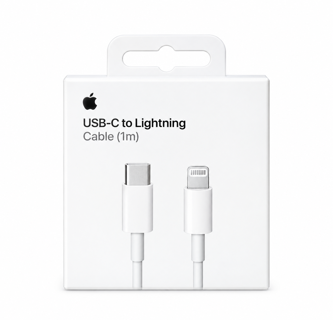 تصویری از بسته‌بندی سفید و مینیمال کابل USB-C به Lightning با طراحی ساده و رسمی. روی قسمت جلویی بسته‌بندی، لوگوی اپل و عبارت USB-C to Lightning Cable (1m) دیده می‌شود. در بخش مرکزی تصویر، دو سر کابل شامل کانکتور USB-C و کانکتور Lightning به‌صورت واضح نمایش