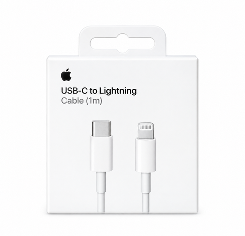 تصویری از بستهبندی سفید و مینیمال کابل USB-C به Lightning با طراحی ساده و رسمی. روی قسمت جلویی بستهبندی، لوگوی اپل و عبارت USB-C to Lightning Cable (1m) دیده میشود. در بخش مرکزی تصویر، دو سر کابل شامل کانکتور USB-C و کانکتور Lightning بهصورت واضح نمایش