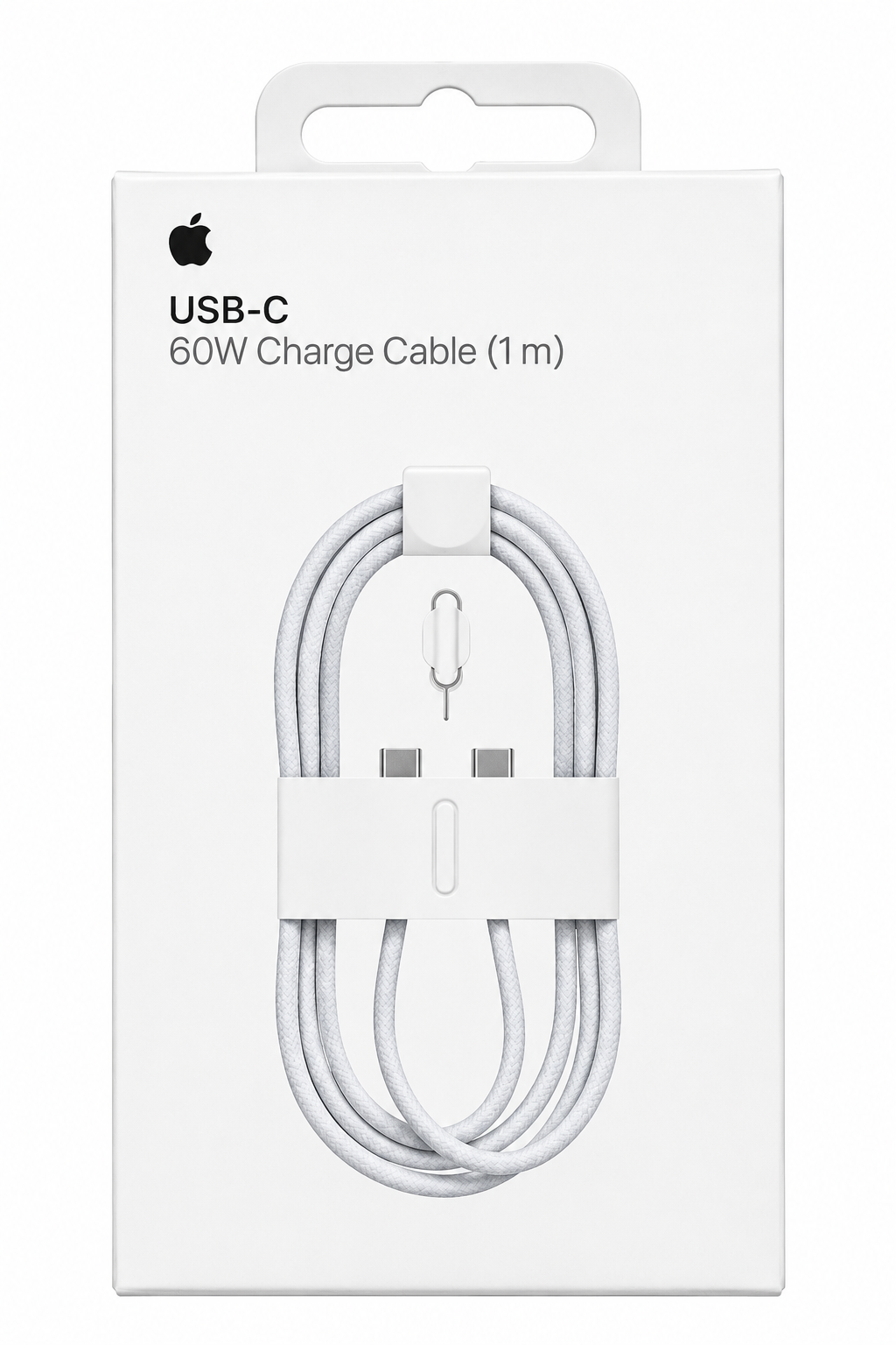 تصویری از بسته‌بندی یک کابل USB-C سفید روی پس‌زمینه کاملاً سفید است. جعبه طراحی ساده و مینیمالی دارد و در قسمت بالایی آن لوگوی اپل و عبارت USB-C 60W Charge Cable (1 m) دیده می‌شود.  در بخش مرکزی جعبه، تصویر کابل سفیدِ بافته‌شده قرار گرفته که به شکل مرتب دا